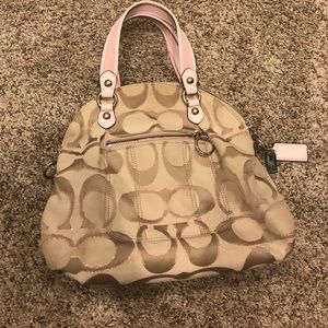 Coach Beige Signature Satchel with Pink Handles